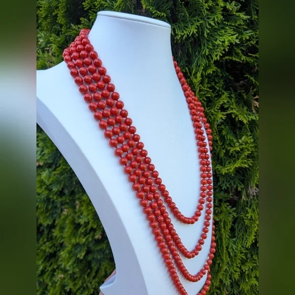 Kenneth Lane Signed Coral Glass Bead 3 Strand Tiered Necklace Gold Clasp - Picture 6 of 6
